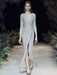 Evening Dress Sliver Sheath V-Neck Floor-Length Long Sleeves Zipper Pleated Sequined Formal Party Dresses
