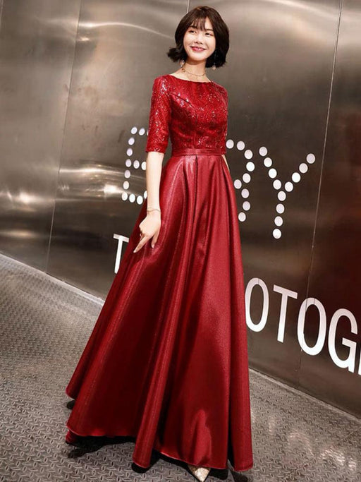 Evening Dresses Burgundy Half Sleeve Sequin Satin Floor Length Long Prom Gown
