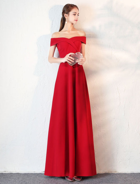 Evening Dresses Burgundy Off The Shoulder Prom Dress Satin Floor Length Formal Party Dress wedding guest dress