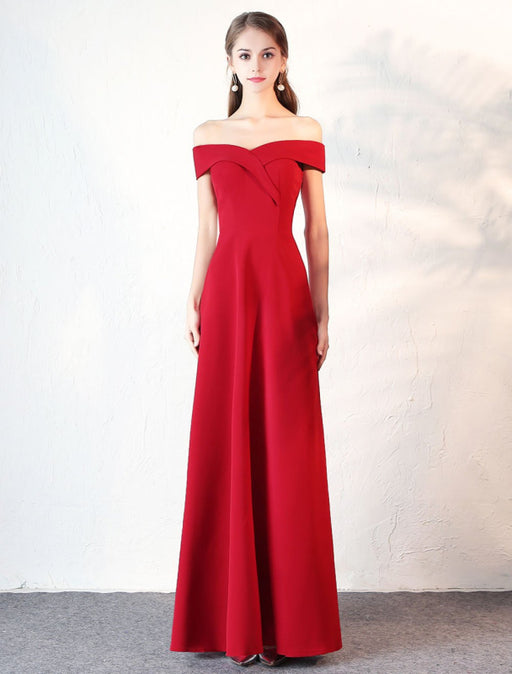 Evening Dresses Burgundy Off The Shoulder Prom Dress Satin Floor Length Formal Party Dress wedding guest dress