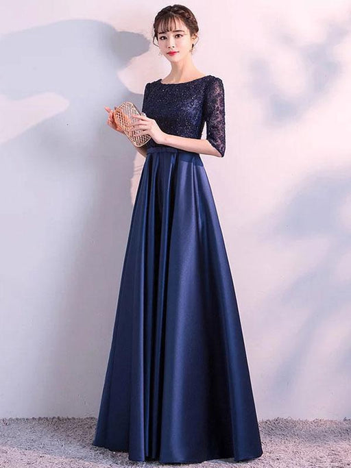Evening Dresses Dark Navy Long Prom Dress Lace Satin Bow Sash Half Sleeve Formal Gowns