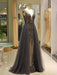 Evening Dresses Grey Luxury Heavy Beaded Tulle Backless V Neck Formal Evening Dress With Train
