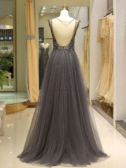 Evening Dresses Grey Luxury Heavy Beaded Tulle Backless V Neck Formal Evening Dress With Train