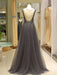 Evening Dresses Grey Luxury Heavy Beaded Tulle Backless V Neck Formal Evening Dress With Train