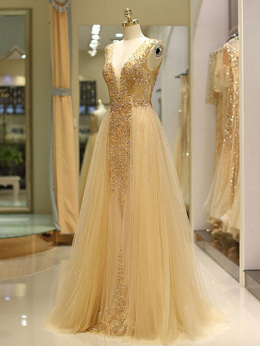 Evening Dresses Grey Luxury Heavy Beaded Tulle Backless V Neck Formal Evening Dress With Train