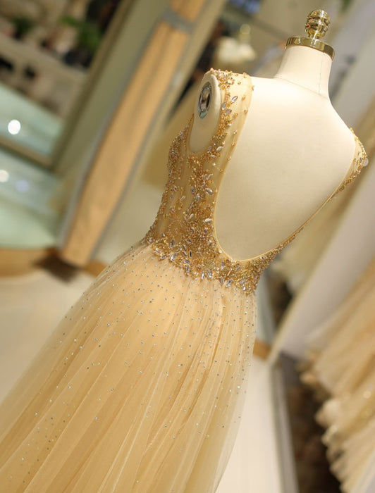 Evening Dresses Grey Luxury Heavy Beaded Tulle Backless V Neck Formal Evening Dress With Train