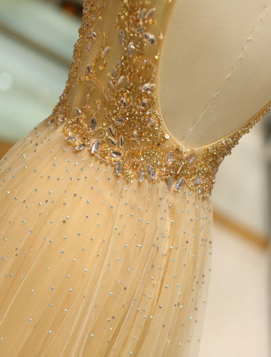 Evening Dresses Grey Luxury Heavy Beaded Tulle Backless V Neck Formal Evening Dress With Train