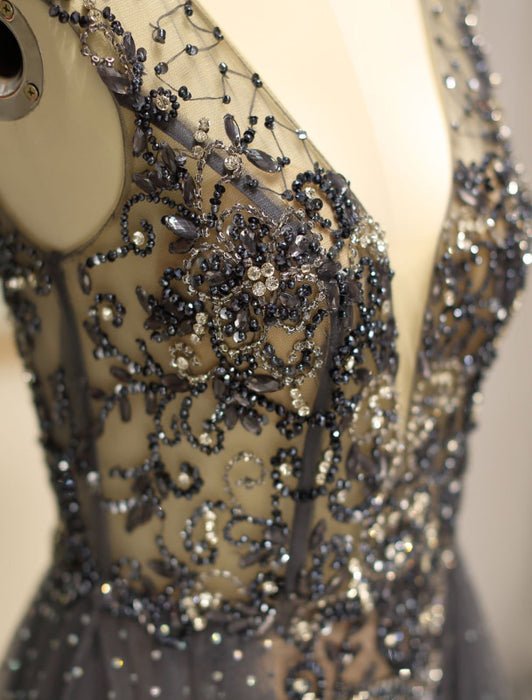 Evening Dresses Grey Luxury Heavy Beaded Tulle Backless V Neck Formal Evening Dress With Train