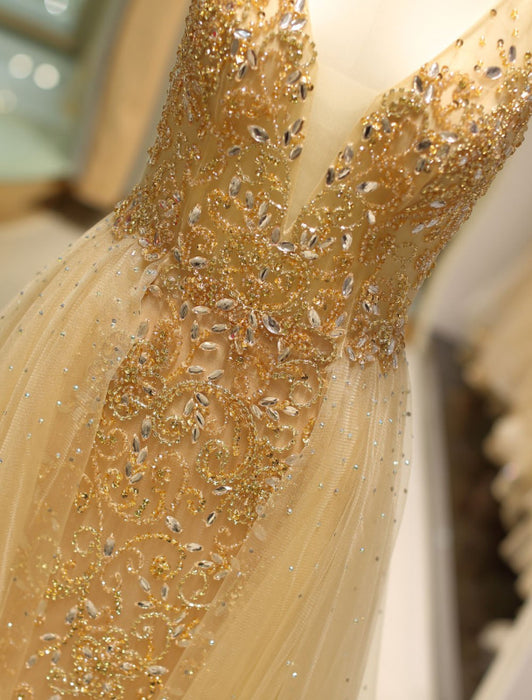 Evening Dresses Grey Luxury Heavy Beaded Tulle Backless V Neck Formal Evening Dress With Train