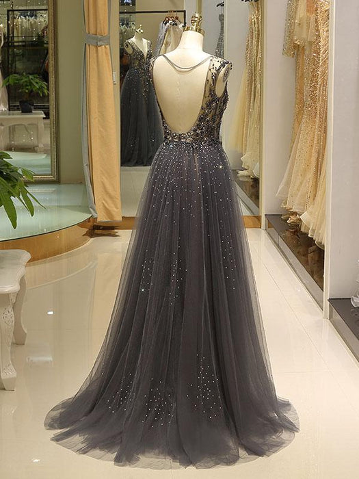 Evening Dresses Grey Luxury Heavy Beaded Tulle Backless V Neck Formal Evening Dress With Train