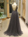 Evening Dresses Grey Luxury Heavy Beaded Tulle Backless V Neck Formal Evening Dress With Train