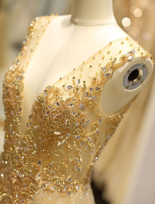 Evening Dresses Grey Luxury Heavy Beaded Tulle Backless V Neck Formal Evening Dress With Train