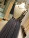 Evening Dresses Grey Luxury Heavy Beaded Tulle Backless V Neck Formal Evening Dress With Train