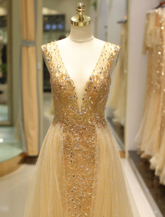 Evening Dresses Grey Luxury Heavy Beaded Tulle Backless V Neck Formal Evening Dress With Train