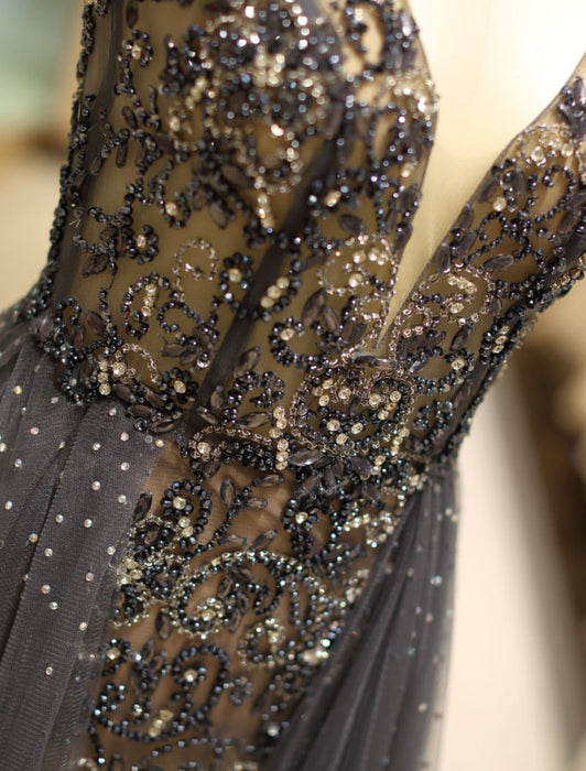 Evening Dresses Grey Luxury Heavy Beaded Tulle Backless V Neck Formal Evening Dress With Train