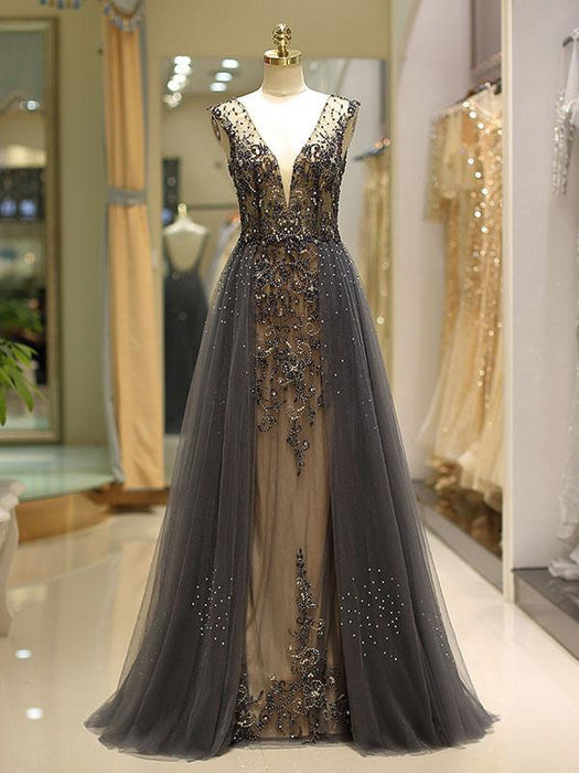 Evening Dresses Grey Luxury Heavy Beaded Tulle Backless V Neck Formal Evening Dress With Train