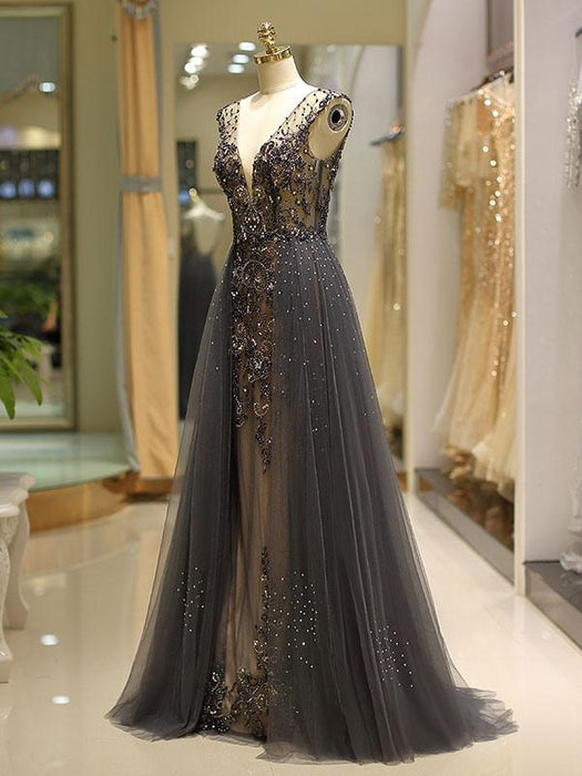 Evening Dresses Grey Luxury Heavy Beaded Tulle Backless V Neck Formal Evening Dress With Train