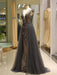 Evening Dresses Grey Luxury Heavy Beaded Tulle Backless V Neck Formal Evening Dress With Train