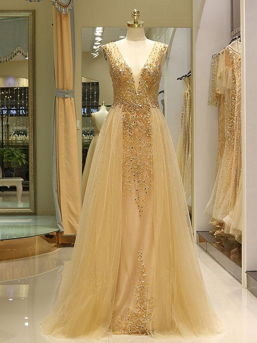 Evening Dresses Grey Luxury Heavy Beaded Tulle Backless V Neck Formal Evening Dress With Train