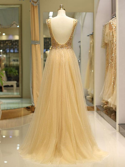 Evening Dresses Grey Luxury Heavy Beaded Tulle Backless V Neck Formal Evening Dress With Train