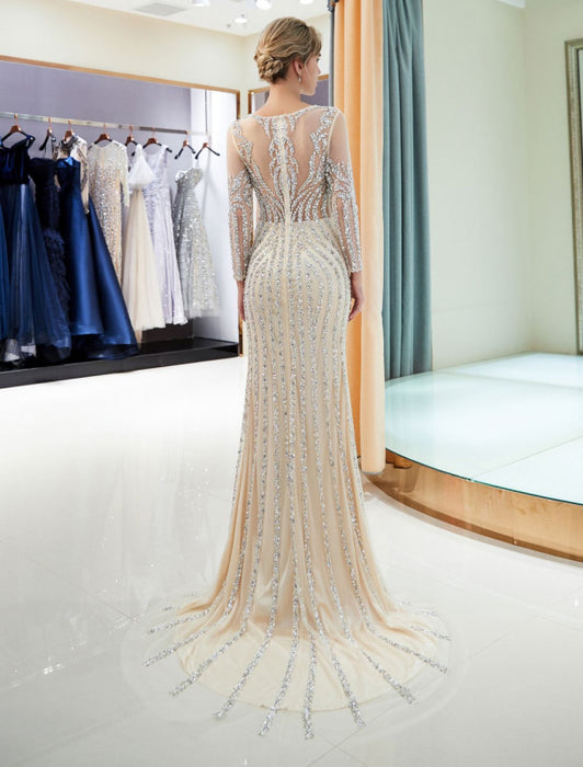 Luxury Grey Mermaid Evening Dress with Long Sleeves & Beading - Bridelily Luxury Grey Mermaid Evening Dress with Long Sleeves & Beading - Bridelily