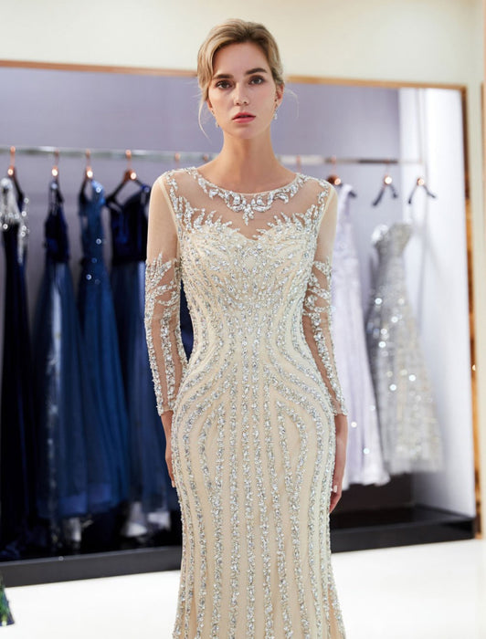 Luxury Grey Mermaid Evening Dress with Long Sleeves & Beading - Bridelily Luxury Grey Mermaid Evening Dress with Long Sleeves & Beading - Bridelily