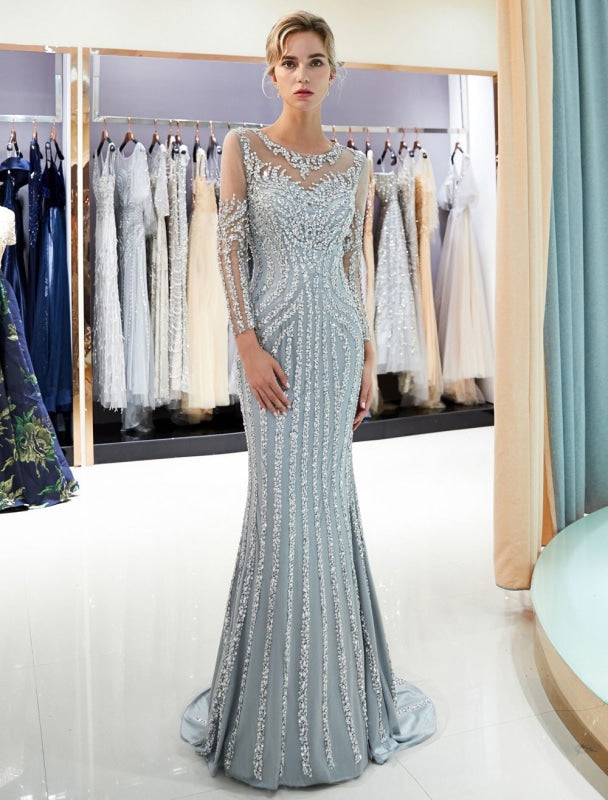 Evening Dresses Long Sleeve Light Grey Mermaid Beading Illusion Luxury Formal Gowns(APP ExclusivePrice  $369.99)