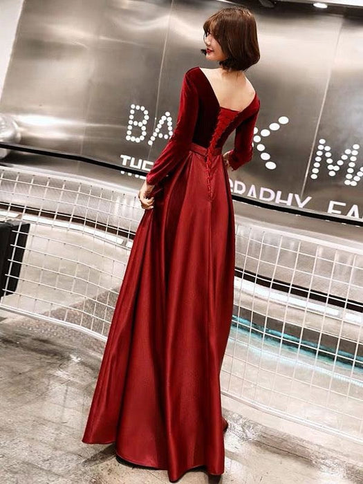 Evening Dresses Long Sleeve V Neck Satin Velvet Floor Length Maxi Formal Gowns