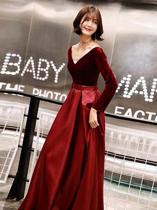 Evening Dresses Long Sleeve V Neck Satin Velvet Floor Length Maxi Formal Gowns