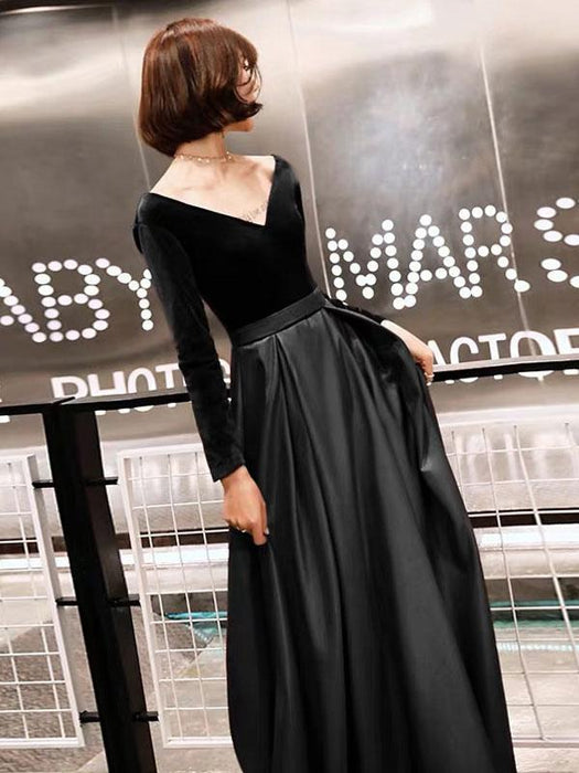 Evening Dresses Long Sleeve V Neck Satin Velvet Floor Length Maxi Formal Gowns