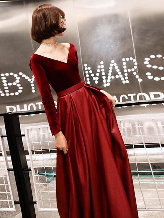 Evening Dresses Long Sleeve V Neck Satin Velvet Floor Length Maxi Formal Gowns