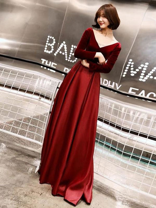 Evening Dresses Long Sleeve V Neck Satin Velvet Floor Length Maxi Formal Gowns