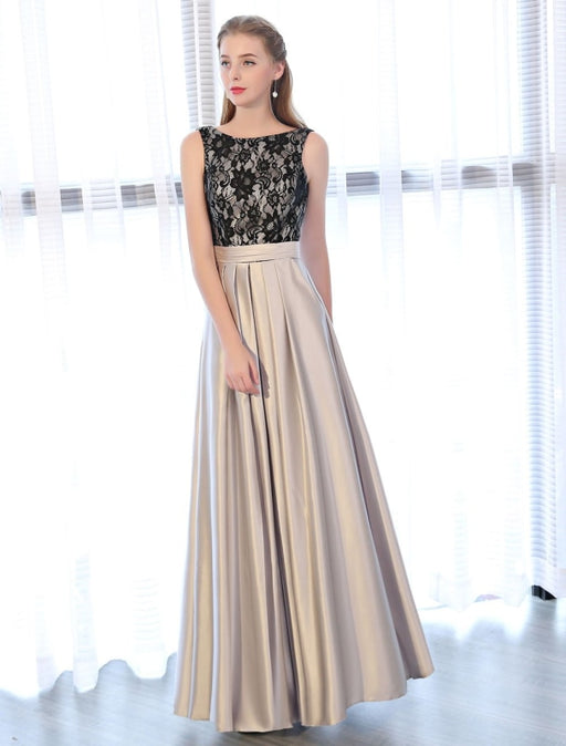 Evening Dresses Satin Lace Prom Dress Sleeveless Backless Pleated Pockets Floor Length Formal Dress