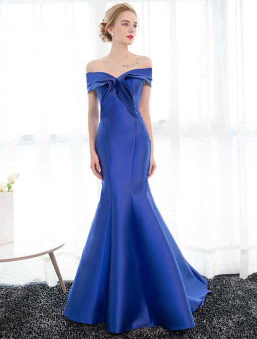 Evening Dresses Satin Royal Blue Evening Gown Off The Shoulder Mermaid Formal Dress With Train