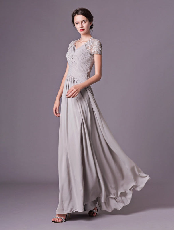 Evening Dresses Silver Lace Short Sleeve Formal Gowns Chiffon Pleated Bridelily Evening Dresses Silver Lace Short Sleeve Formal Gowns Chiffon Pleated Bridelily