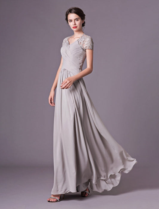 Evening Dresses Silver Lace Short Sleeve Formal Gowns Chiffon Pleated Bridelily Evening Dresses Silver Lace Short Sleeve Formal Gowns Chiffon Pleated Bridelily