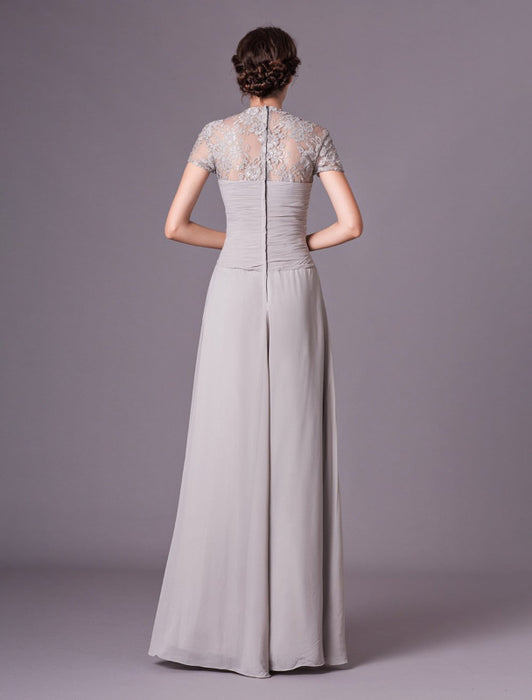 Evening Dresses Silver Lace Short Sleeve Formal Gowns Chiffon Pleated Bridelily Evening Dresses Silver Lace Short Sleeve Formal Gowns Chiffon Pleated Bridelily
