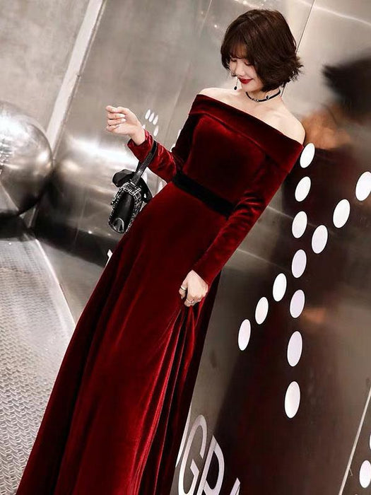 Burgundy Evening Dresses Velvet Long Sleeve Off Shoulder Maxi Gowns Bridelily Burgundy Evening Dresses Velvet Long Sleeve Off Shoulder Maxi Gowns Bridelily