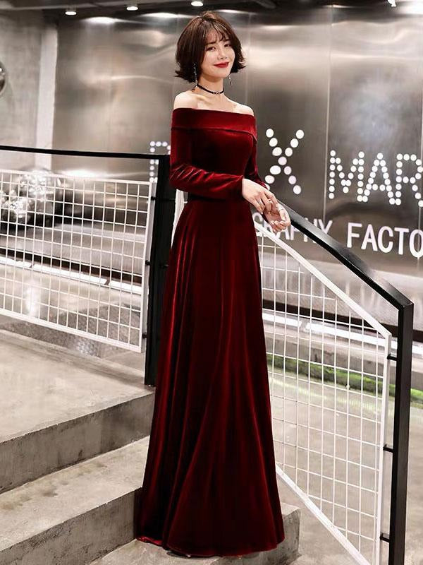 Burgundy Evening Dresses Velvet Long Sleeve Off Shoulder Maxi