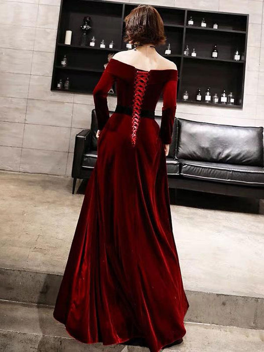 Burgundy Evening Dresses Velvet Long Sleeve Off Shoulder Maxi Gowns — Bridelily Burgundy Evening Dresses Velvet Long Sleeve Off Shoulder Maxi Gowns — Bridelily