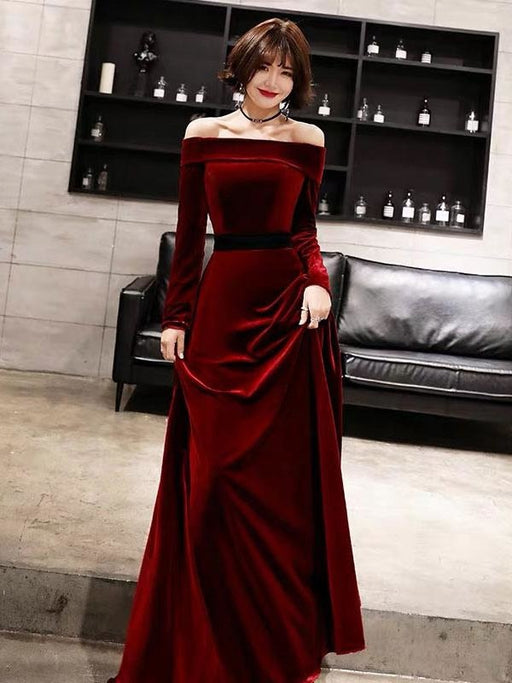 Evening Dresses Velvet Long Sleeve Off Shoulder Maxi Formal Gowns