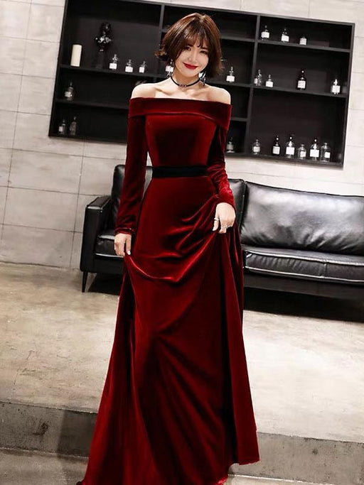 red long sleeve off the shoulder dress Therese Ruched Maxi / | MESHKI creating a look thats both romantic and confident Burgundy Evening Dresses Velvet Long