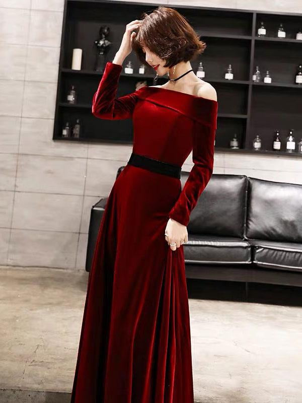 Burgundy Evening Dresses Velvet Long Sleeve Off Shoulder Maxi Gowns Bridelily Burgundy Evening Dresses Velvet Long Sleeve Off Shoulder Maxi Gowns Bridelily