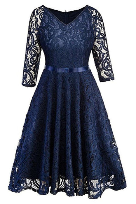 Evening Gothic Hollow Out Lace Bow Ribbon Belt Work Dresses - Dark Blue Dress / S - lace dresses