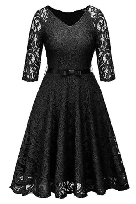 Evening Gothic Hollow Out Lace Bow Ribbon Belt Work Dresses - Black Dress / L - lace dresses