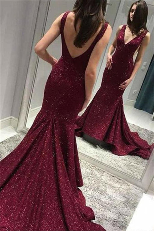 Excellent Attractive Beautiful Shiny Deep V Neck Mermaid Evening Dress Sequins Backless Sweep Train Prom Dresses - Prom Dresses