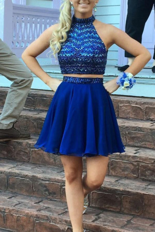 Excellent Attractive Luxurious Beading Two Piece Open Back Royal Blue Chiffon Short Homecoming Dress - Prom Dresses