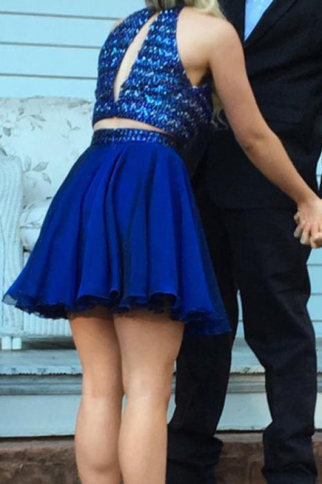 Excellent Attractive Luxurious Beading Two Piece Open Back Royal Blue Chiffon Short Homecoming Dress - Prom Dresses