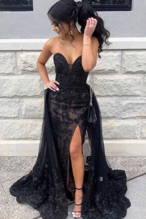 Excellent Excellent Excellent Black Sweetheart Tulle Prom with Lace Appliques Long Strapless Split Formal Dress - Prom Dresses