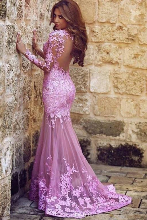 Excellent Glorious Precious Sexy Mermaid Long Sleeves Tulle Appliques Dresses Backless Prom Dress - Prom Dresses